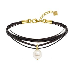 Black Cord Multi-Strand Necklace with White Pearl Pendant 24k gold platted